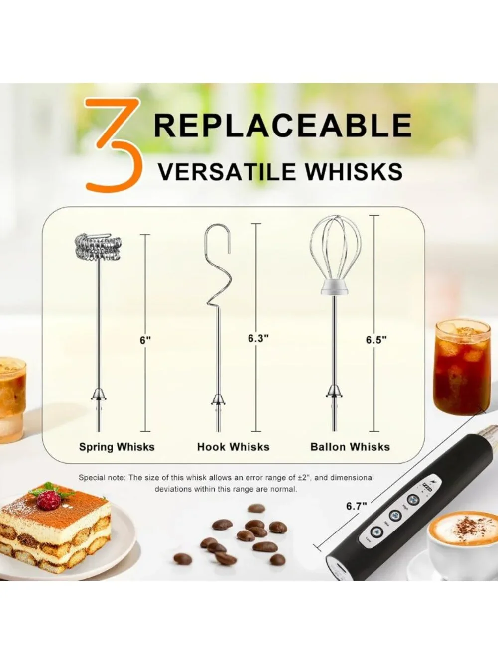 Rechargeable Black Handheld Milk Frother Wand - 3 Speeds, 3 Heads for Coffee